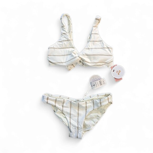 PQ Sz S 2-Piece Bikini Gold Striped Glitter Ruched Full Coverage Cream NWT - Picture 3 of 4